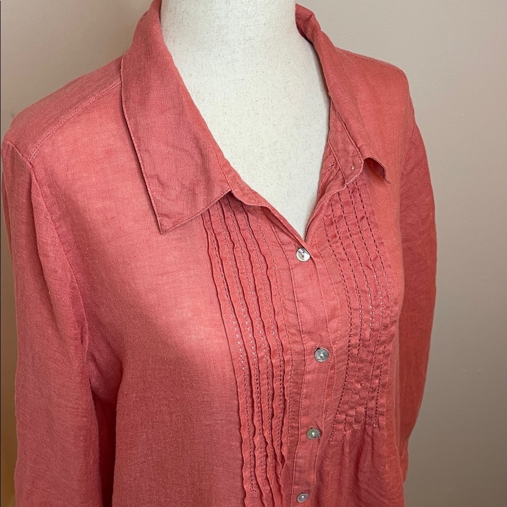 J.Jill Linen Pintuck Button Shirt Coral Pink Petite M - Picture 2 of 7